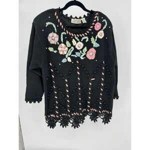 Colleens Collectables Vintage Black Ribbon Floral Embroidery Knit Sweater Small